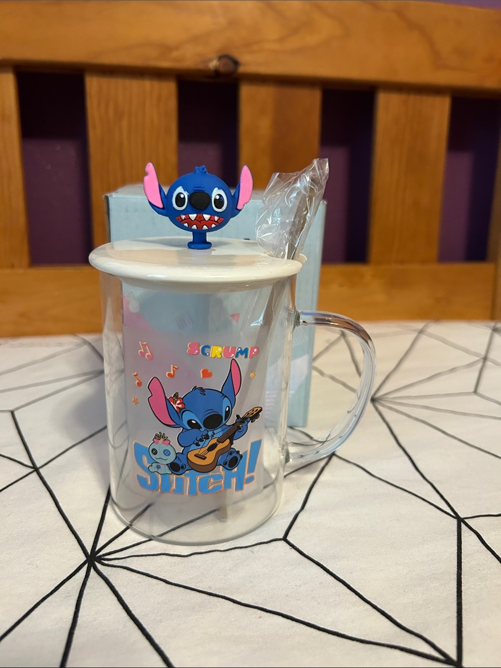 Simplicity Blue Stitch Character Glass Mug with Lid and Spoon